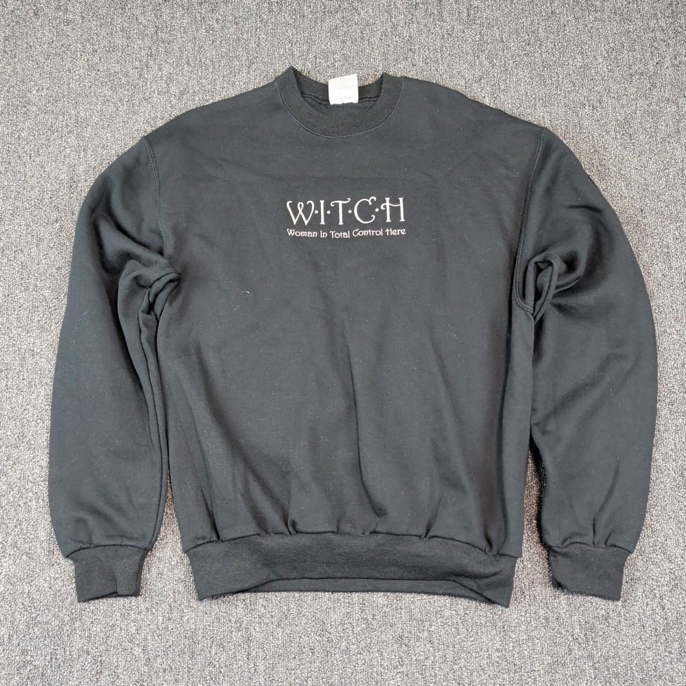 Jerzees Vintage WITCH Graphic Sweatshirt Medium Black Crewneck Pullover Y2K Goth